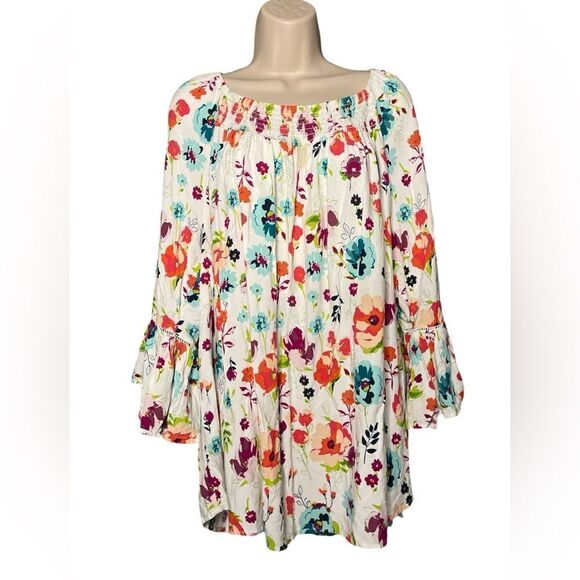 Terra & Sky White Floral lightweight soft woven knit fabric, 3/4-length sleeves - Picture 3 of 10